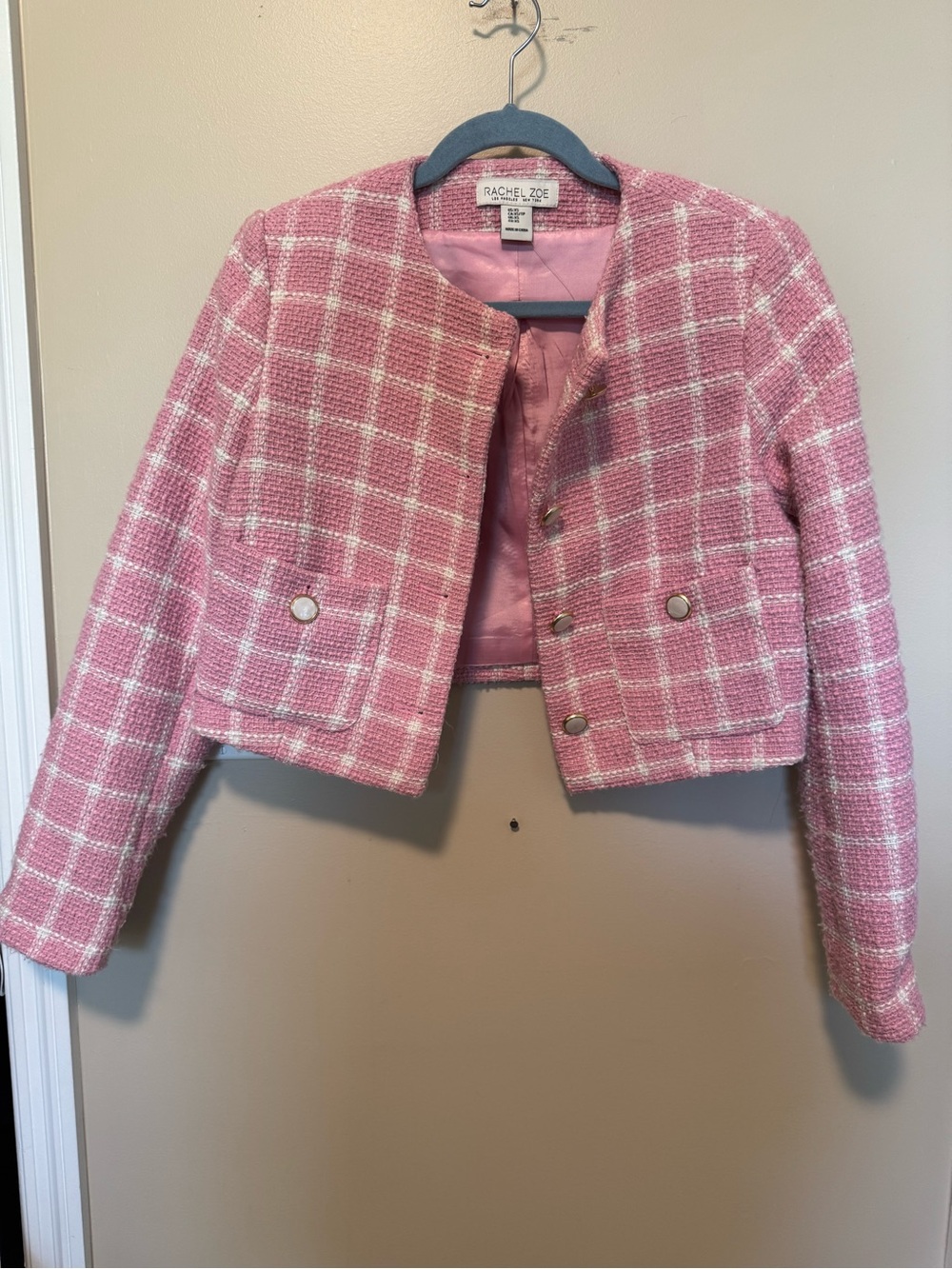 Rachel Zoe Pink Windowpane Tweed Cropped Blazer